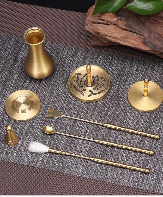 Three-Sided Carved Brass Incense Burner Kit with Stick Holder