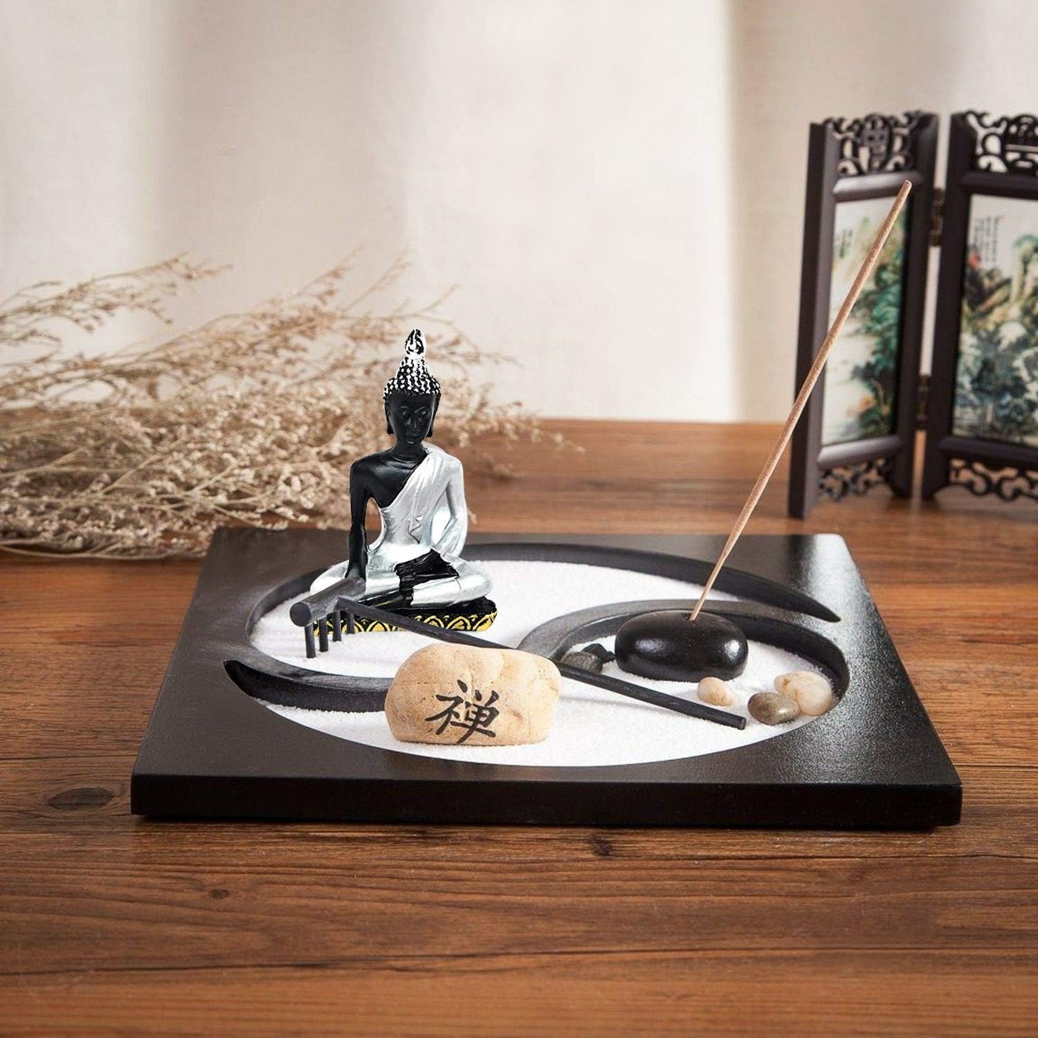Royal Brands Yin Yang Zen Garden with Buddha Sand Rock Rake and Incense Holder