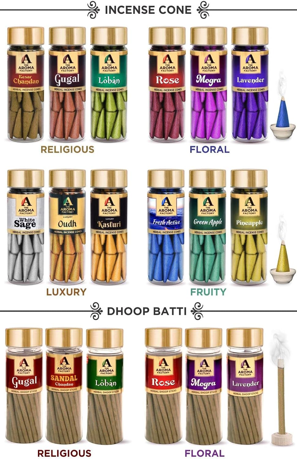 The Aroma Factory Incense Dhoop Cone Lavender 1 Bottle x 30 Cones