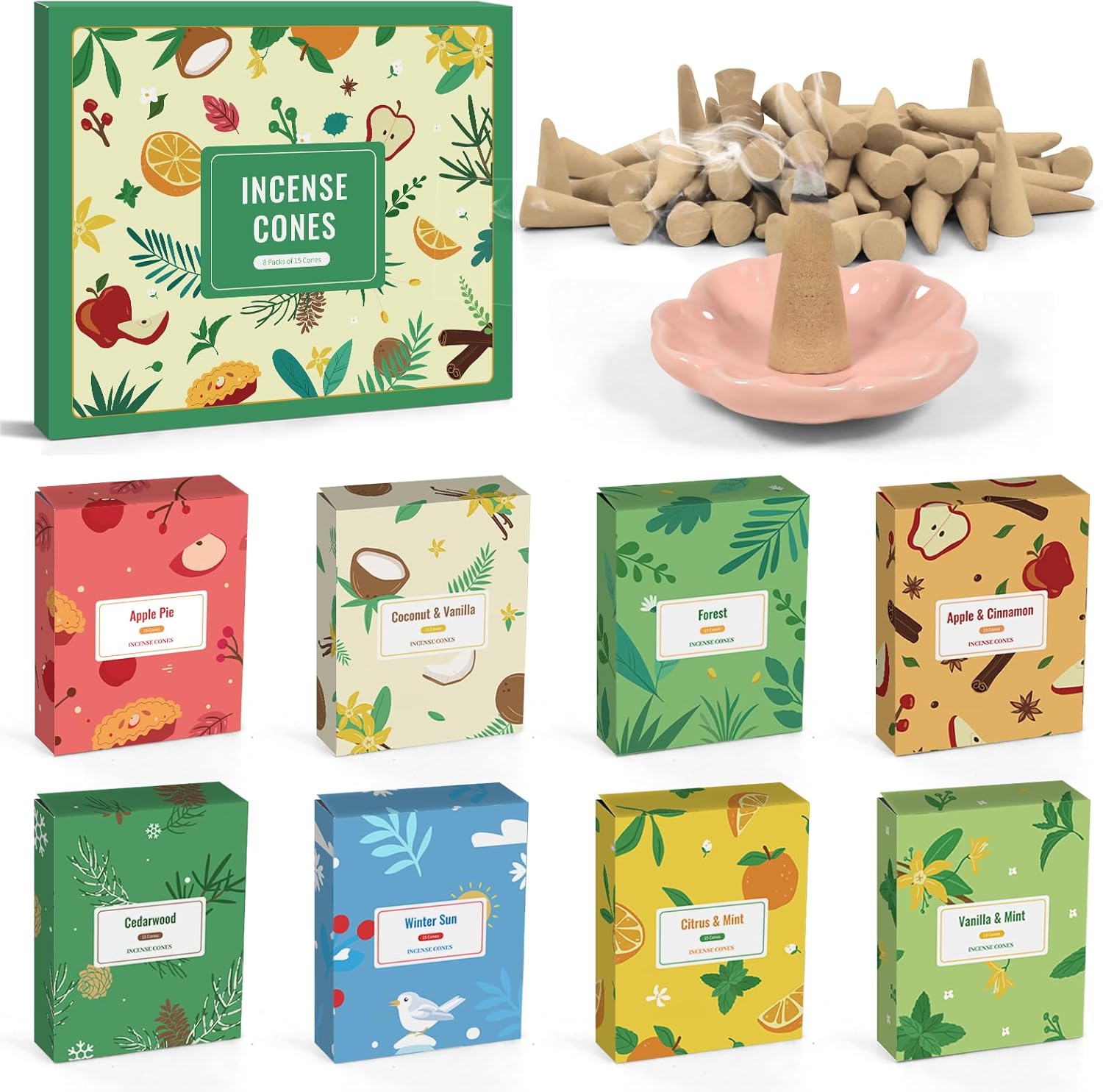 120 Pack Incense Cones with Holder 8 Scents Assorted