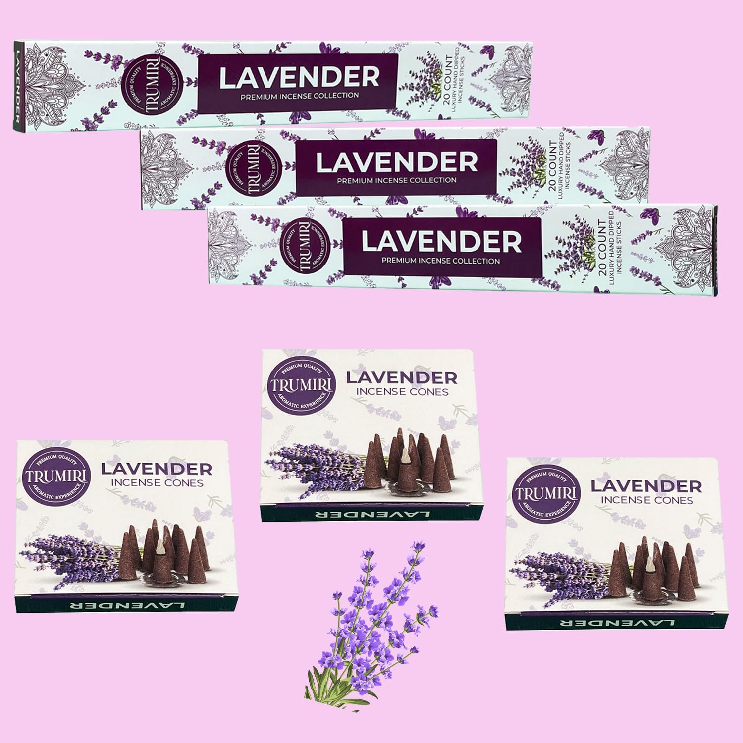 Lavender Incense Sticks Cones Combo Pack - 60 Sticks 30 Cones