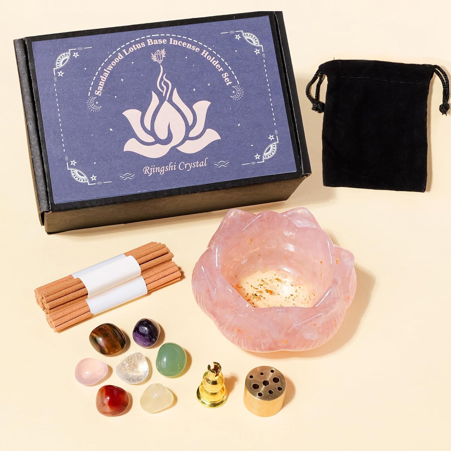 Rose Quartz Resin Crystal Lotus Incense Burner Set - 15pcs