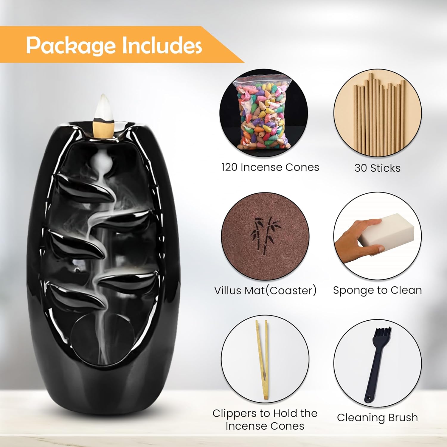 Ceramic Backflow Incense Holder with 120 Cones and 30 Sticks