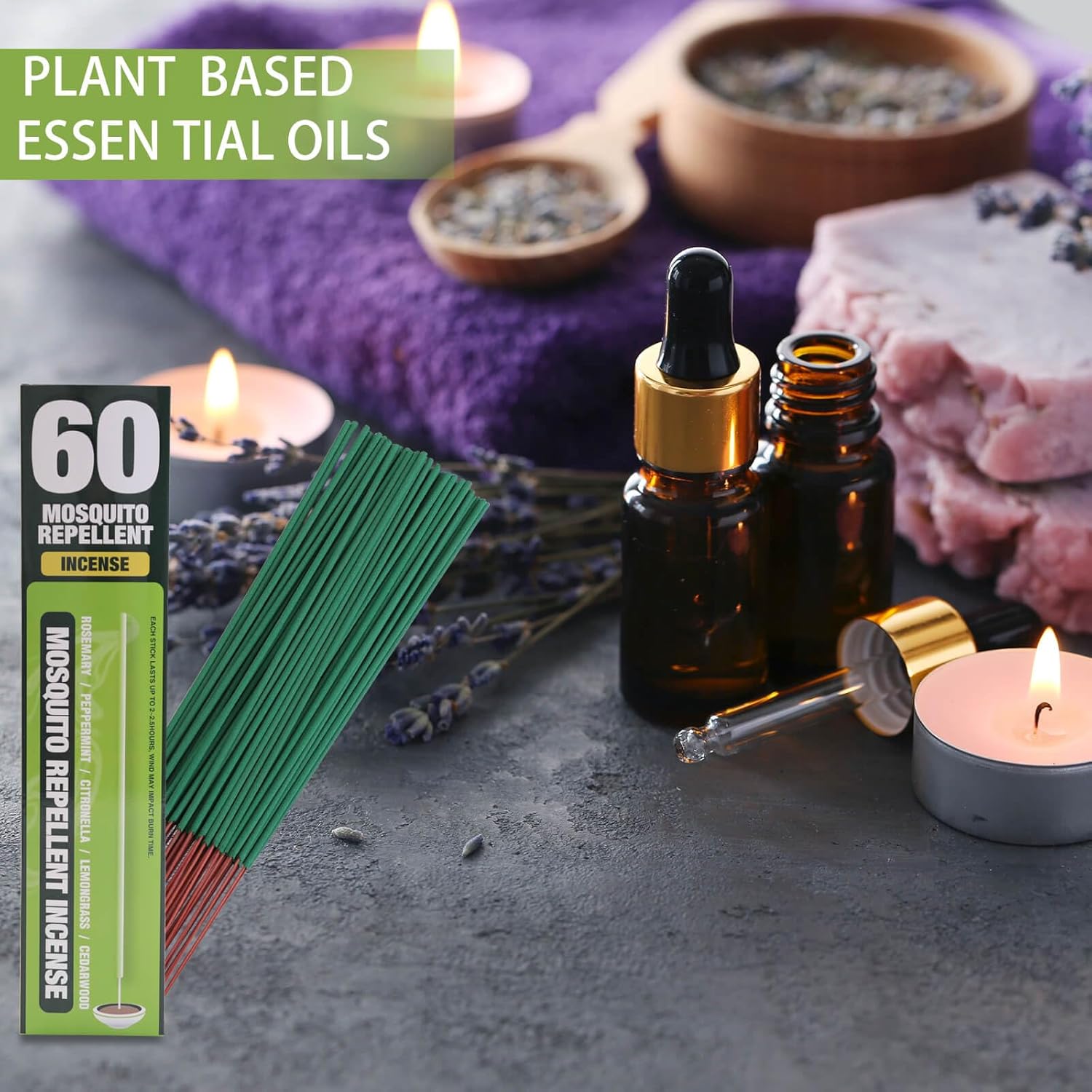 60 Mosquito Repellent Incense Sticks - Natural Citronella for Outdoor Use