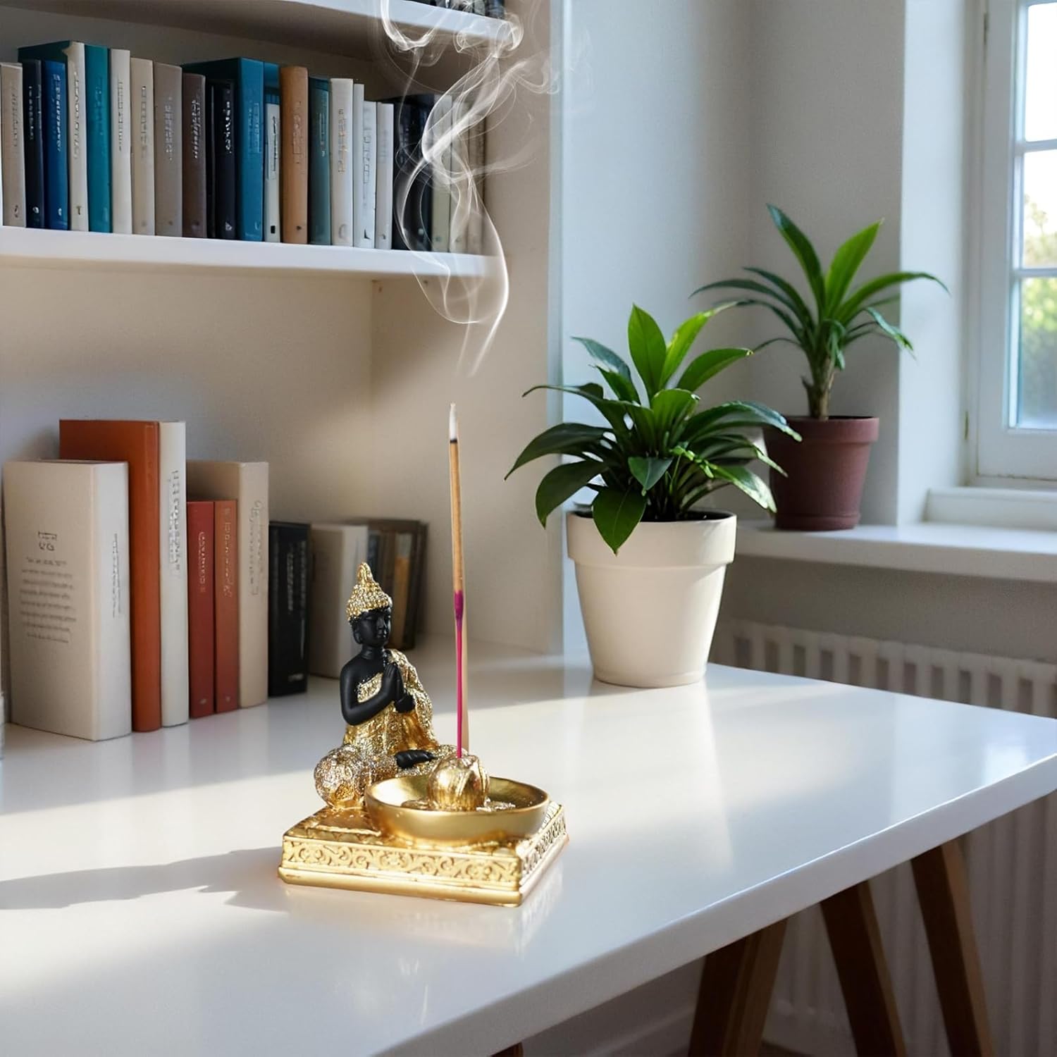 Resin Buddha Incense Holder Statue - Zen Meditation Desk Altar Decor Gold