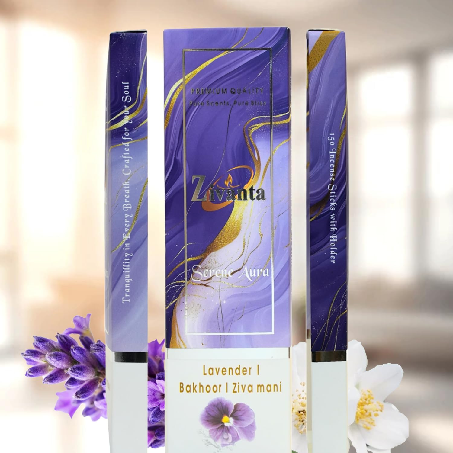 Serene Aura Incense Sticks with 3 Fragrances Lavender Bakhoor Zivamani 9 Inch Eco-Friendly Agarbatti
