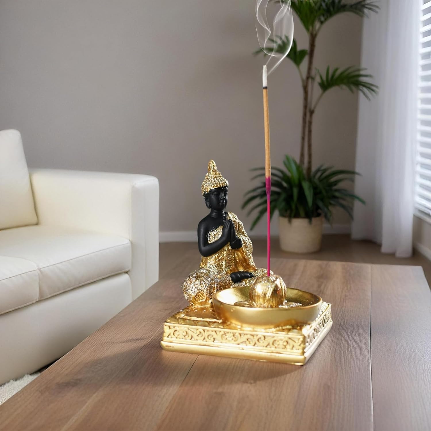 Resin Buddha Incense Holder Statue - Zen Meditation Desk Altar Decor Gold