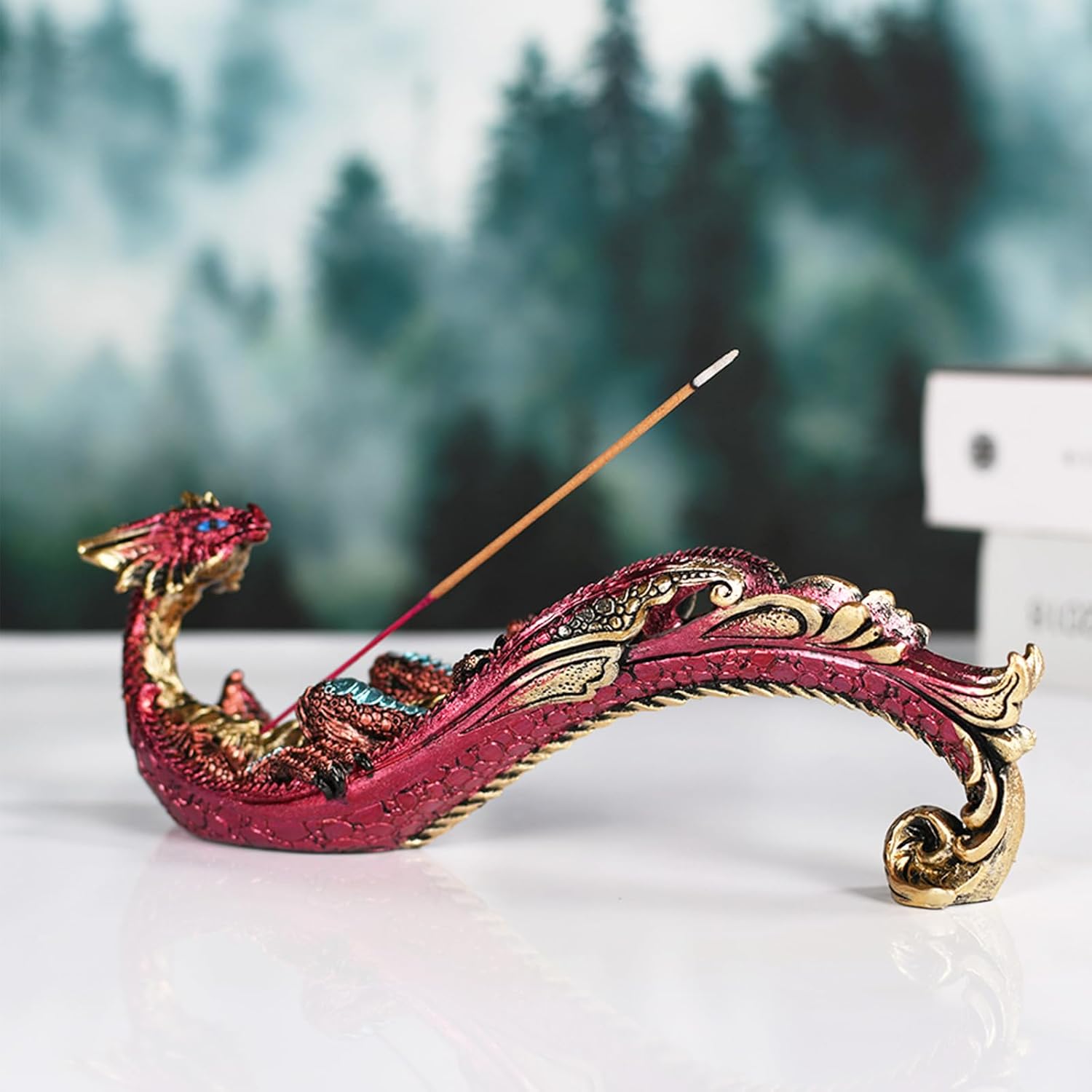Smoking Dragon Incense Holder Statue Red Design Home Decor