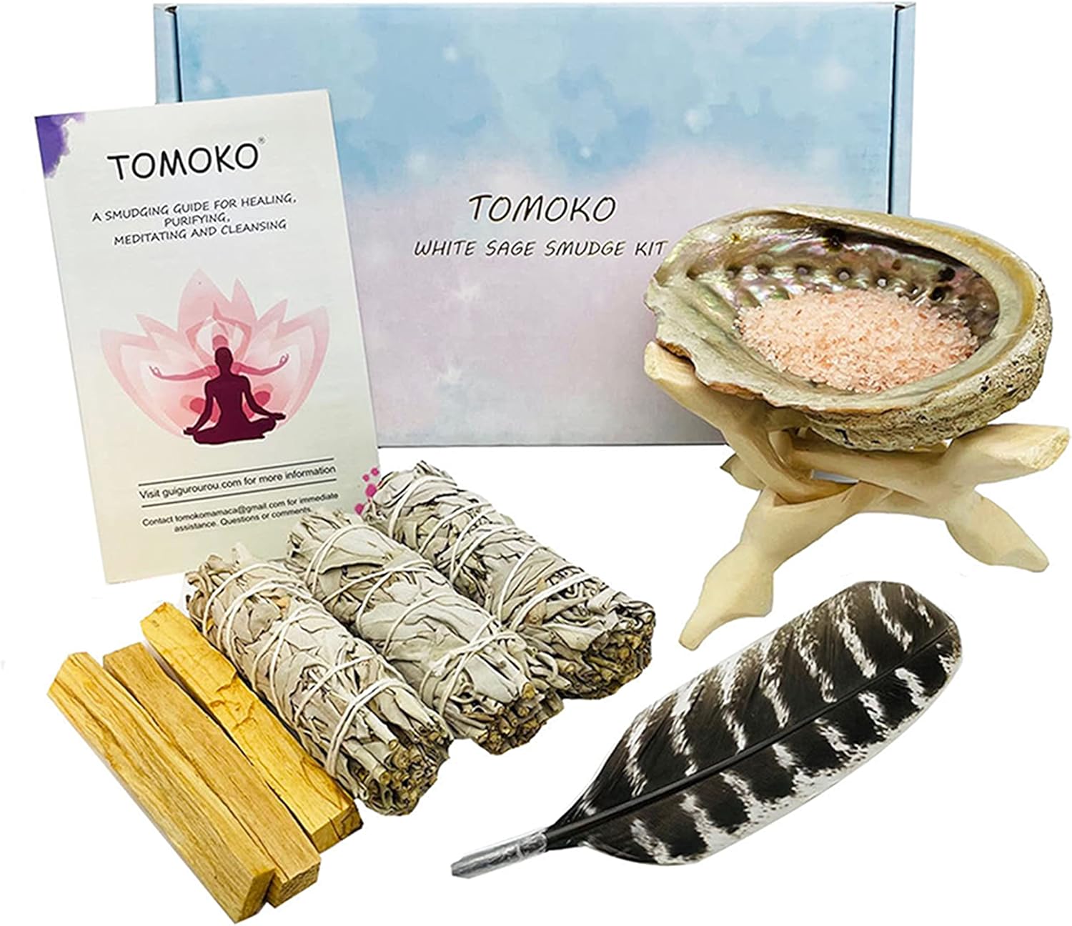 White Sage Smudge Kit - 3 Bundles 3 Palo Santo Abalone Shell Wooden Stand Feather Smudging Guide