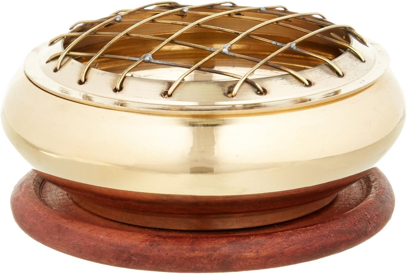 Screen Charcoal Incense Burner 3 Inch Brass with Wooden Coaster