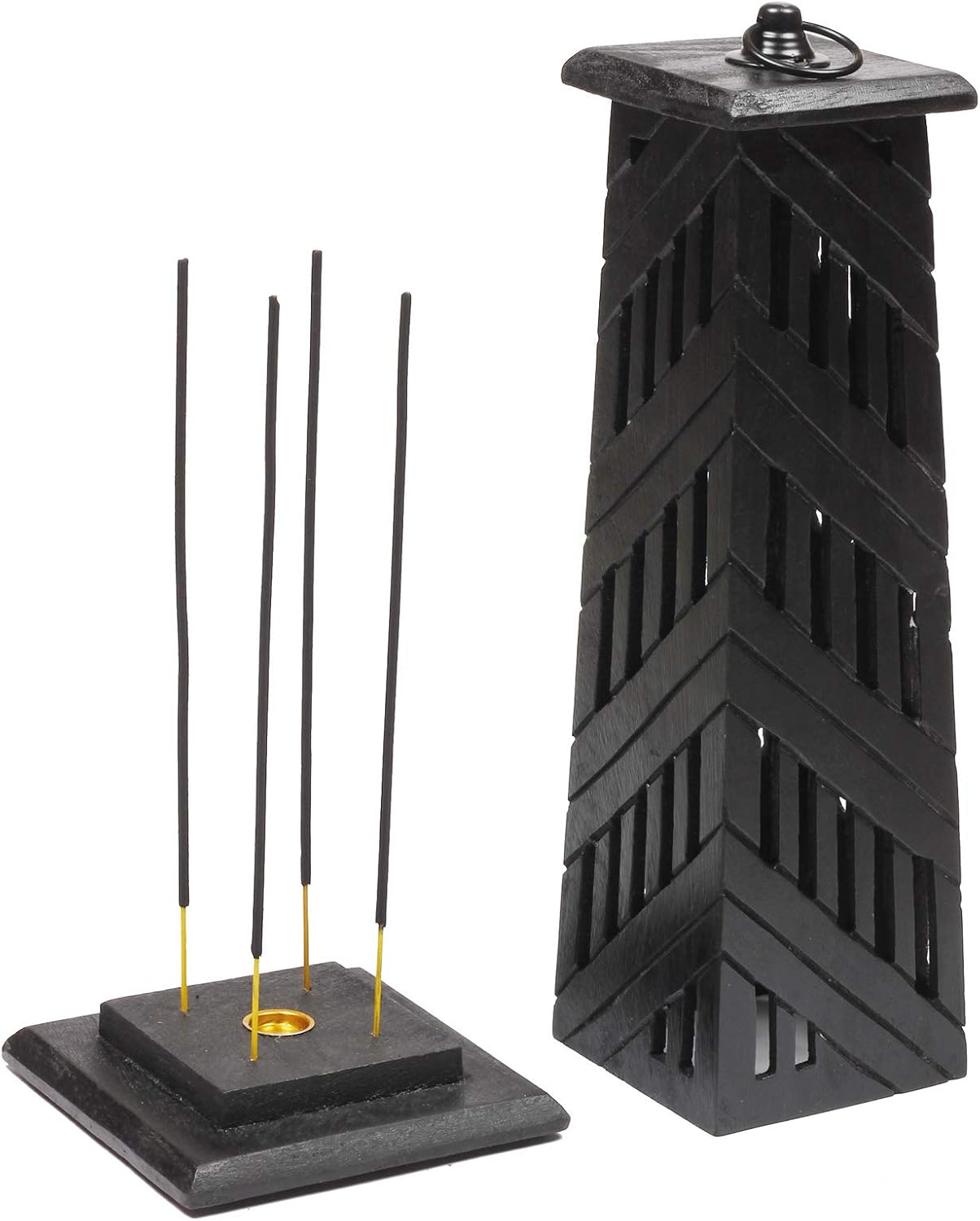 Hand Carved Wooden Incense Cone Black Tower Burner Stand