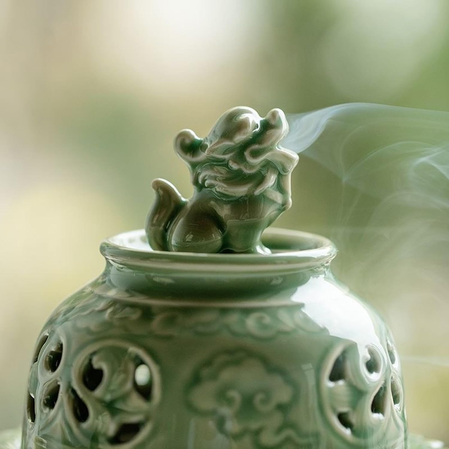 Zen-Style Celadon Incense Burner with Lion Sculpture
