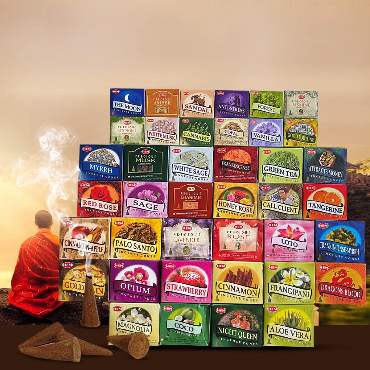 Hem Incense Cones Variety Pack of 12 with Holder