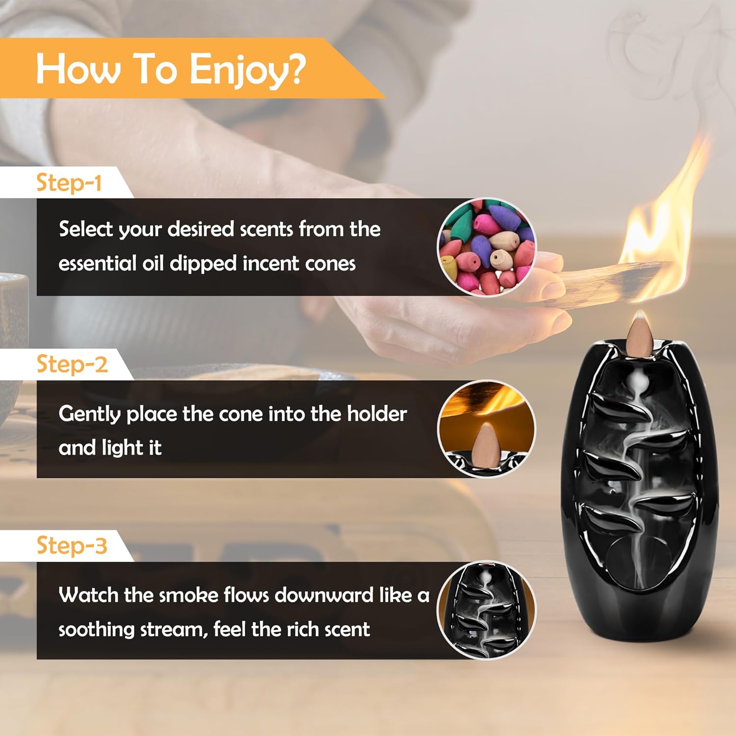 Ceramic Backflow Incense Holder with 120 Cones and 30 Sticks