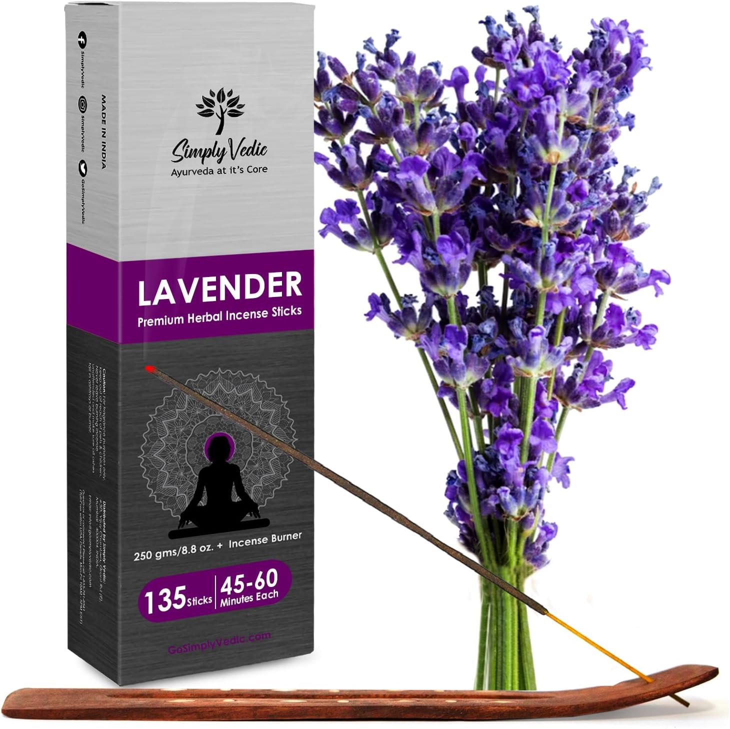 Lavender Incense Sticks with Holder 135 Charcoal-Free Agarbatti for Meditation and Relaxation