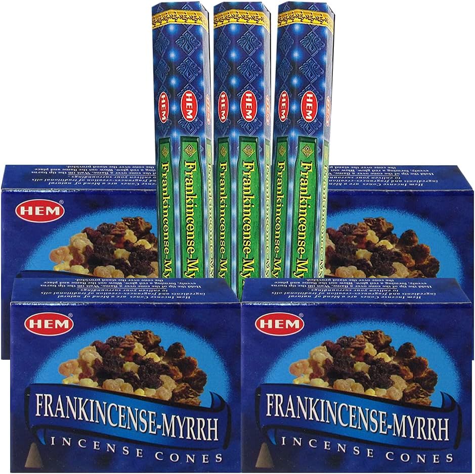 TRUMIRI Frankincense Myrrh Incense Sticks and Cone Holder Bundle