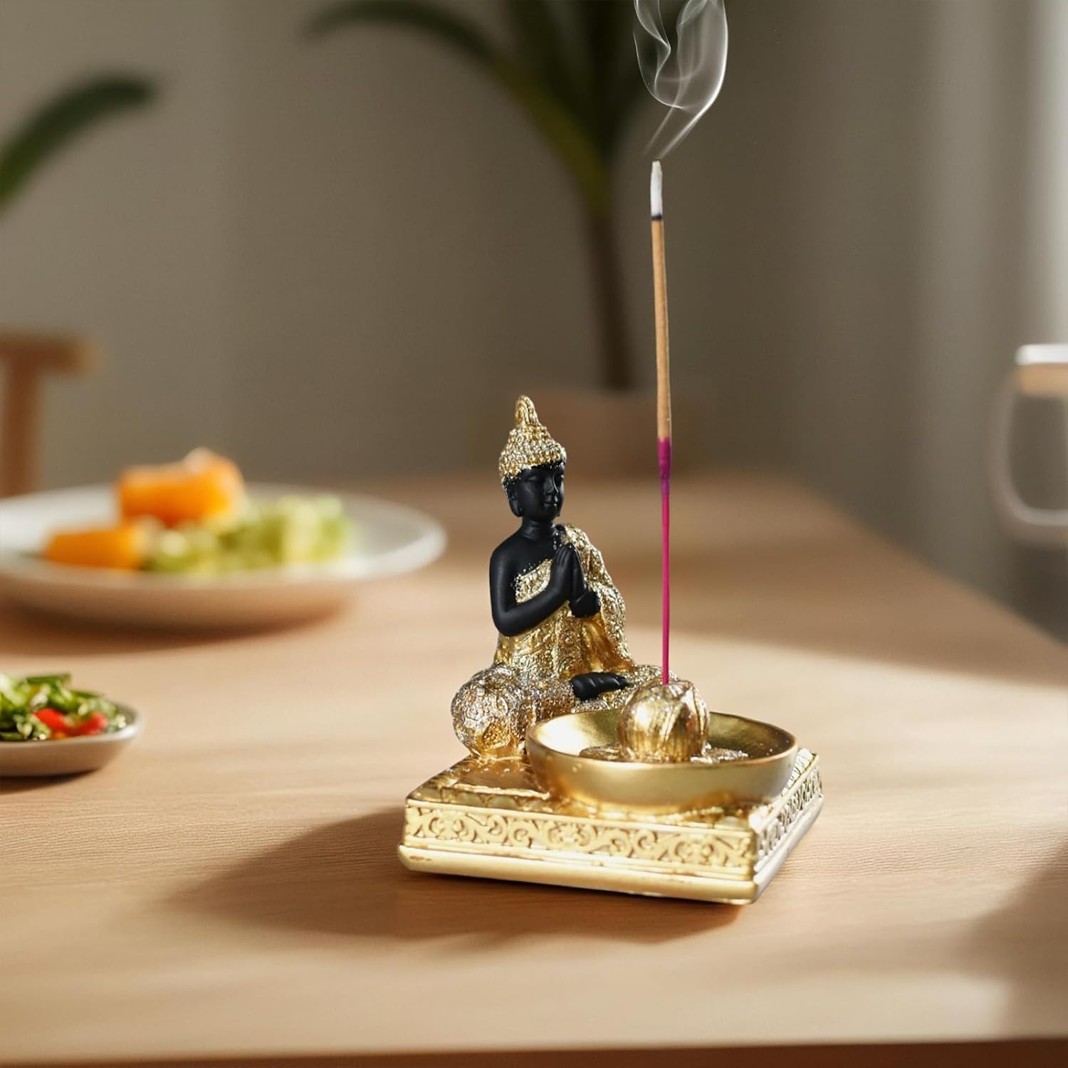 Resin Buddha Incense Holder Statue - Zen Meditation Desk Altar Decor Gold