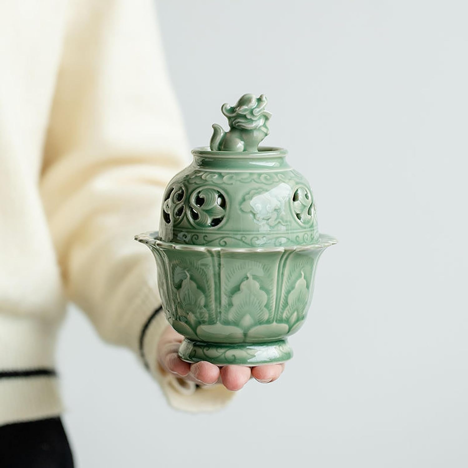 Zen-Style Celadon Incense Burner with Lion Sculpture