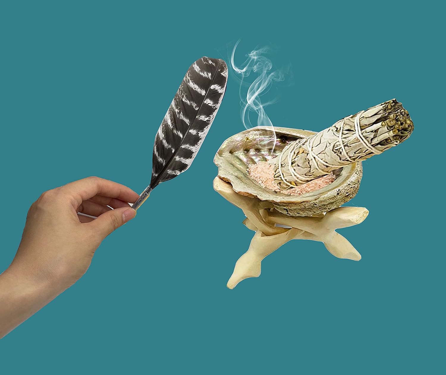 White Sage Smudge Kit - 3 Bundles 3 Palo Santo Abalone Shell Wooden Stand Feather Smudging Guide