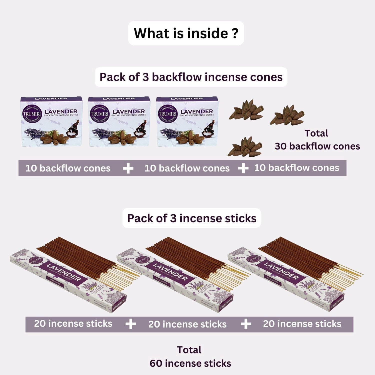 Lavender Incense Sticks Backflow Cones Combo Pack - 60 Sticks 30 Cones