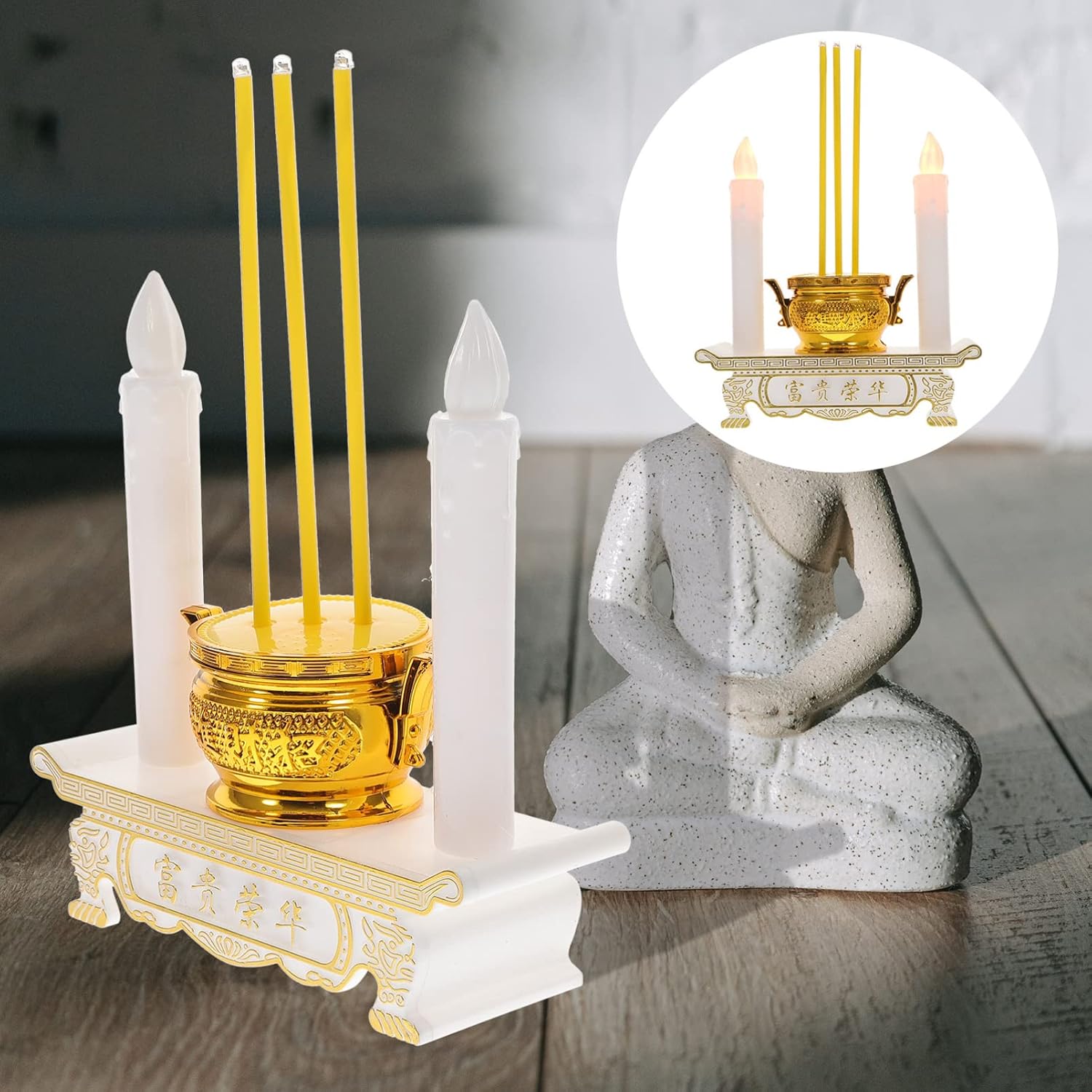 1 Pc LED Incense Burner Kit - Buddhist Wealth Figurine Ornament for Home Decoration