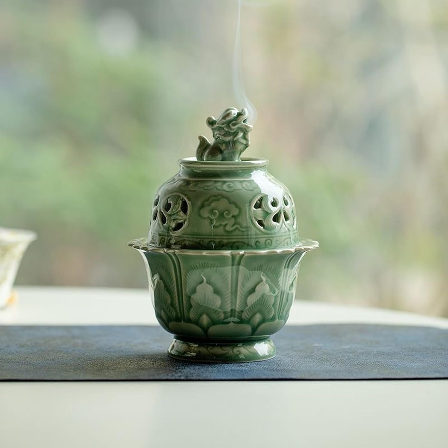 Zen-Style Celadon Incense Burner with Lion Sculpture