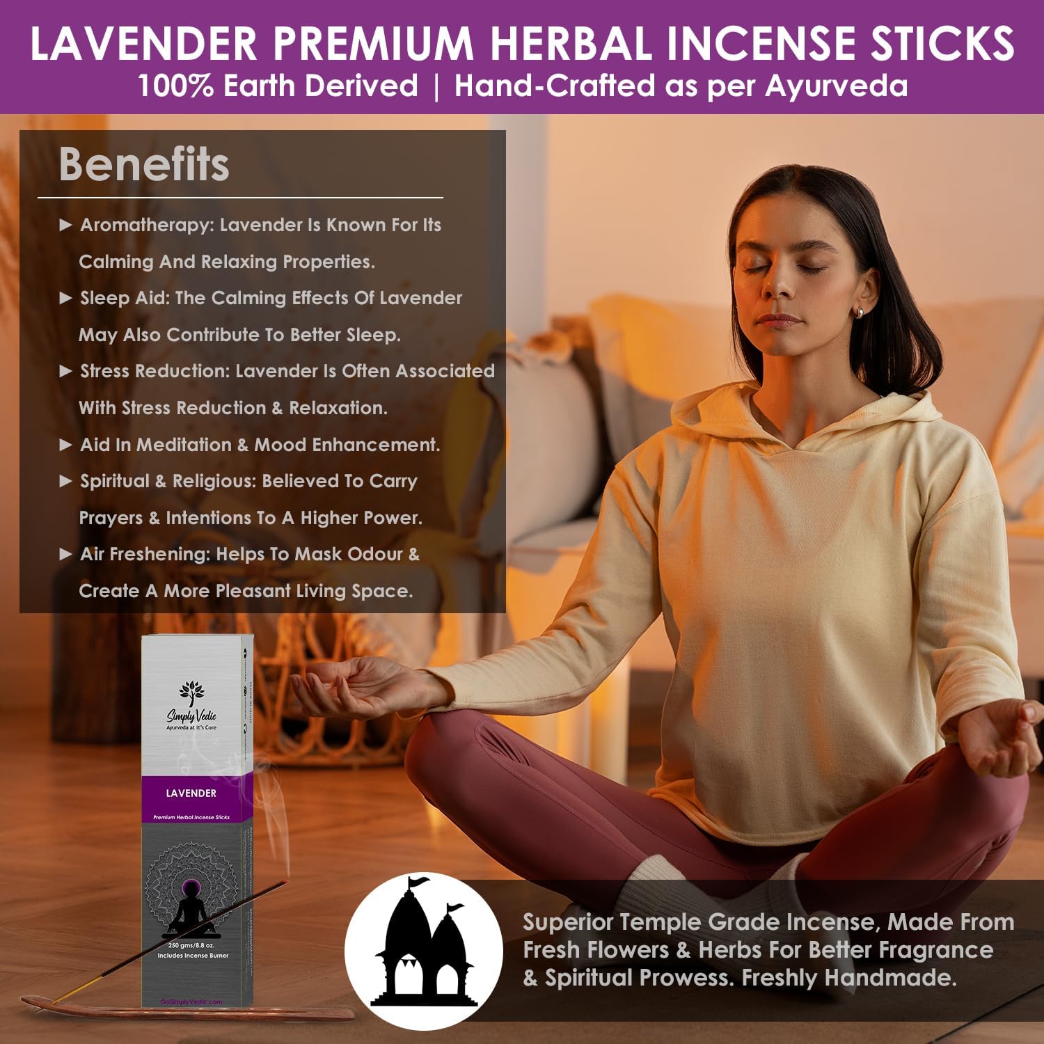 Lavender Incense Sticks with Holder 135 Charcoal-Free Agarbatti for Meditation and Relaxation