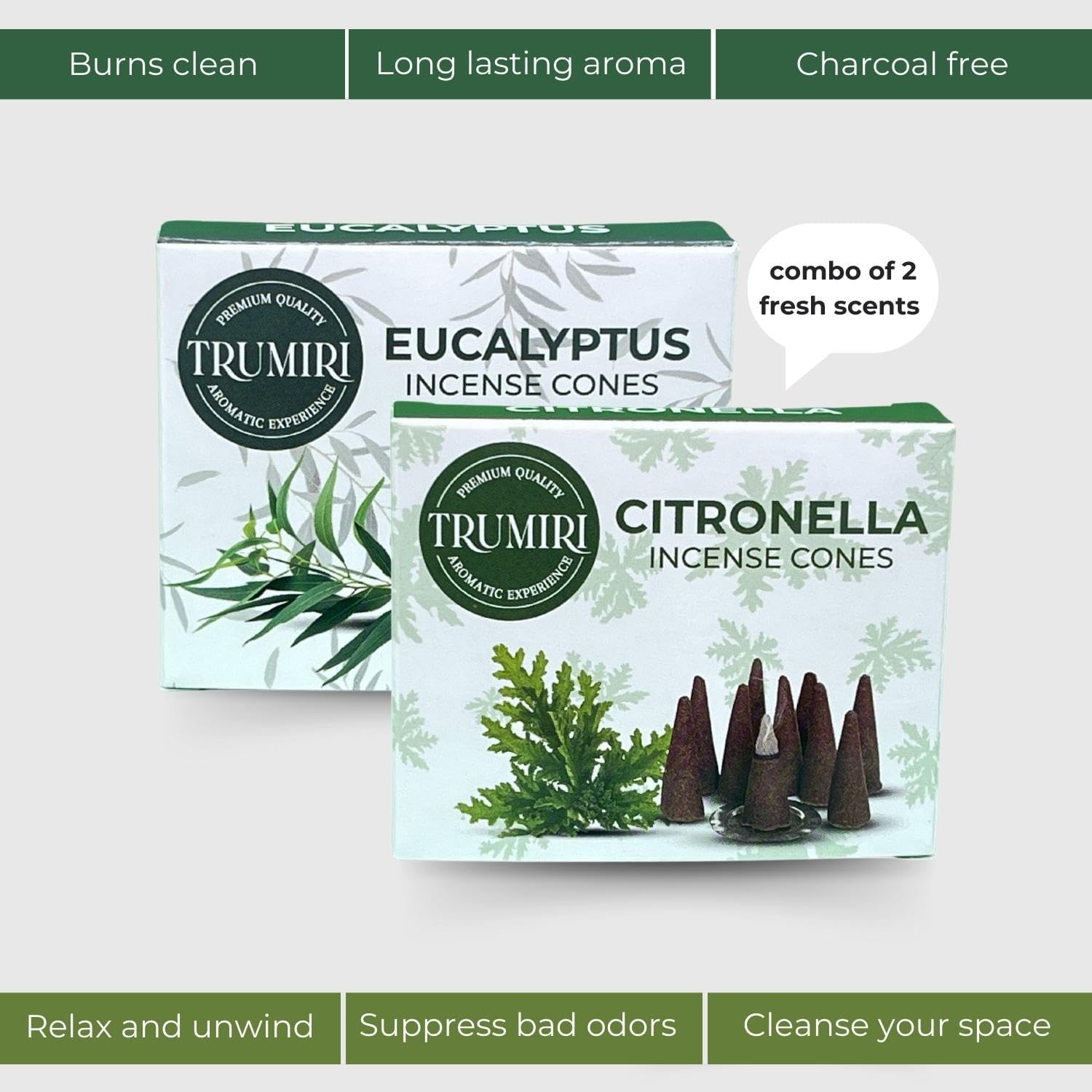 TRUMIRI Incense Cones - 20 Pack of Citronella Eucalyptus