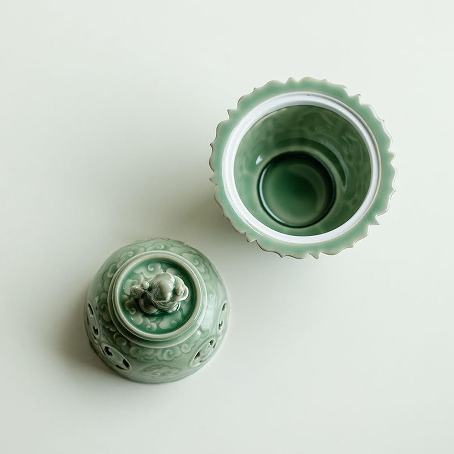 Zen-Style Celadon Incense Burner with Lion Sculpture