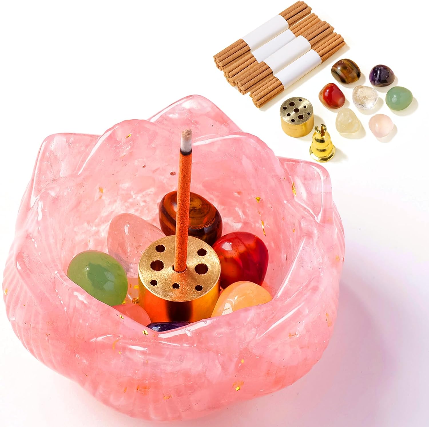 Rose Quartz Resin Crystal Lotus Incense Burner Set - 15pcs