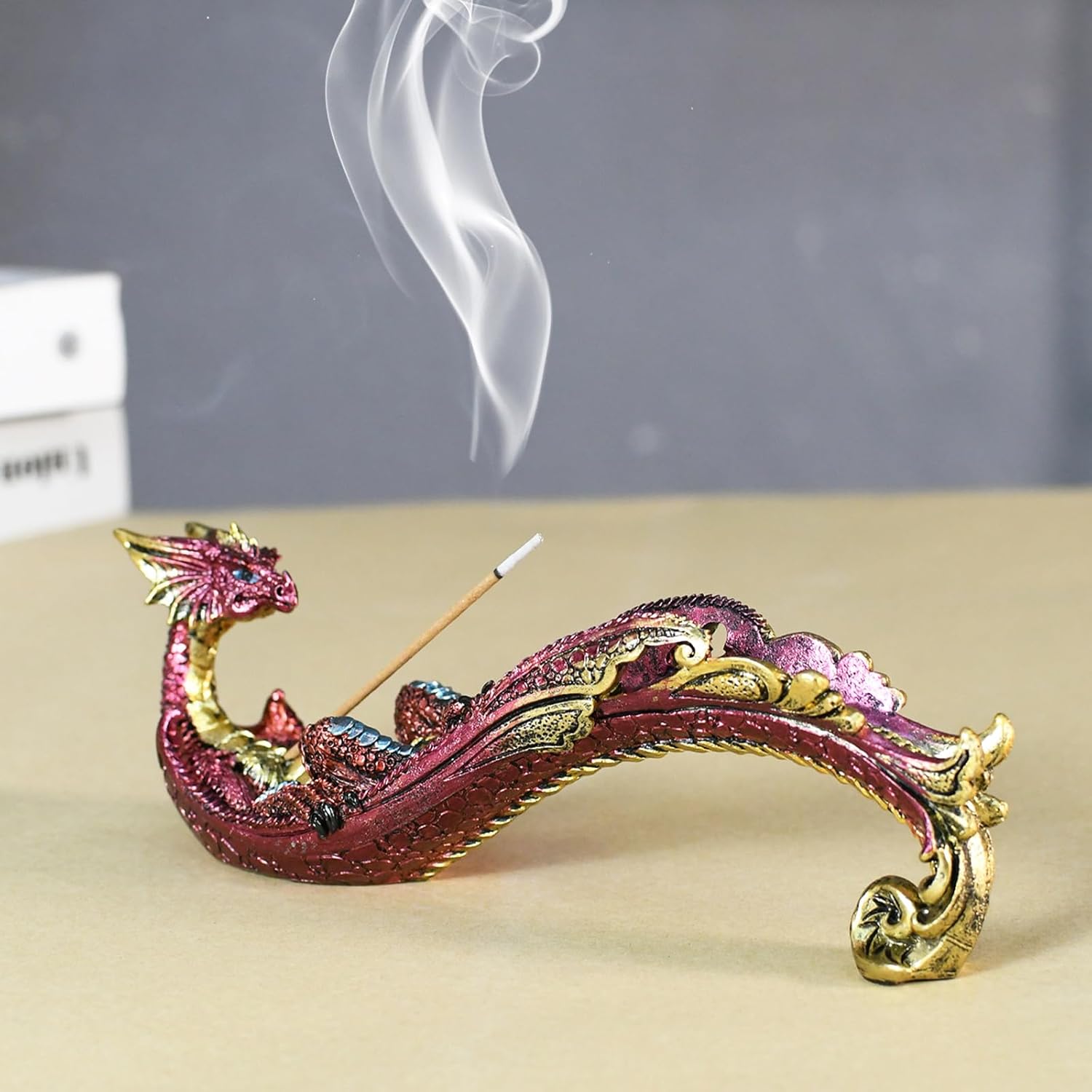 Smoking Dragon Incense Holder Statue Red Design Home Decor