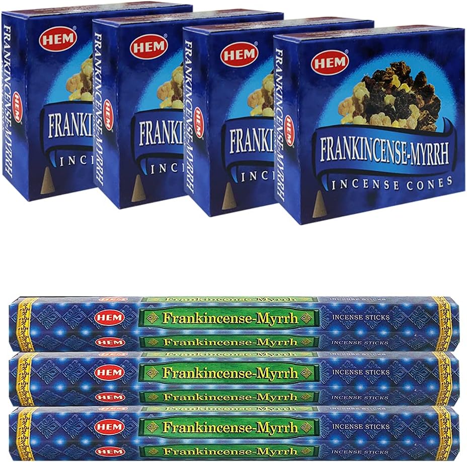 TRUMIRI Frankincense Myrrh Incense Sticks and Cone Holder Bundle