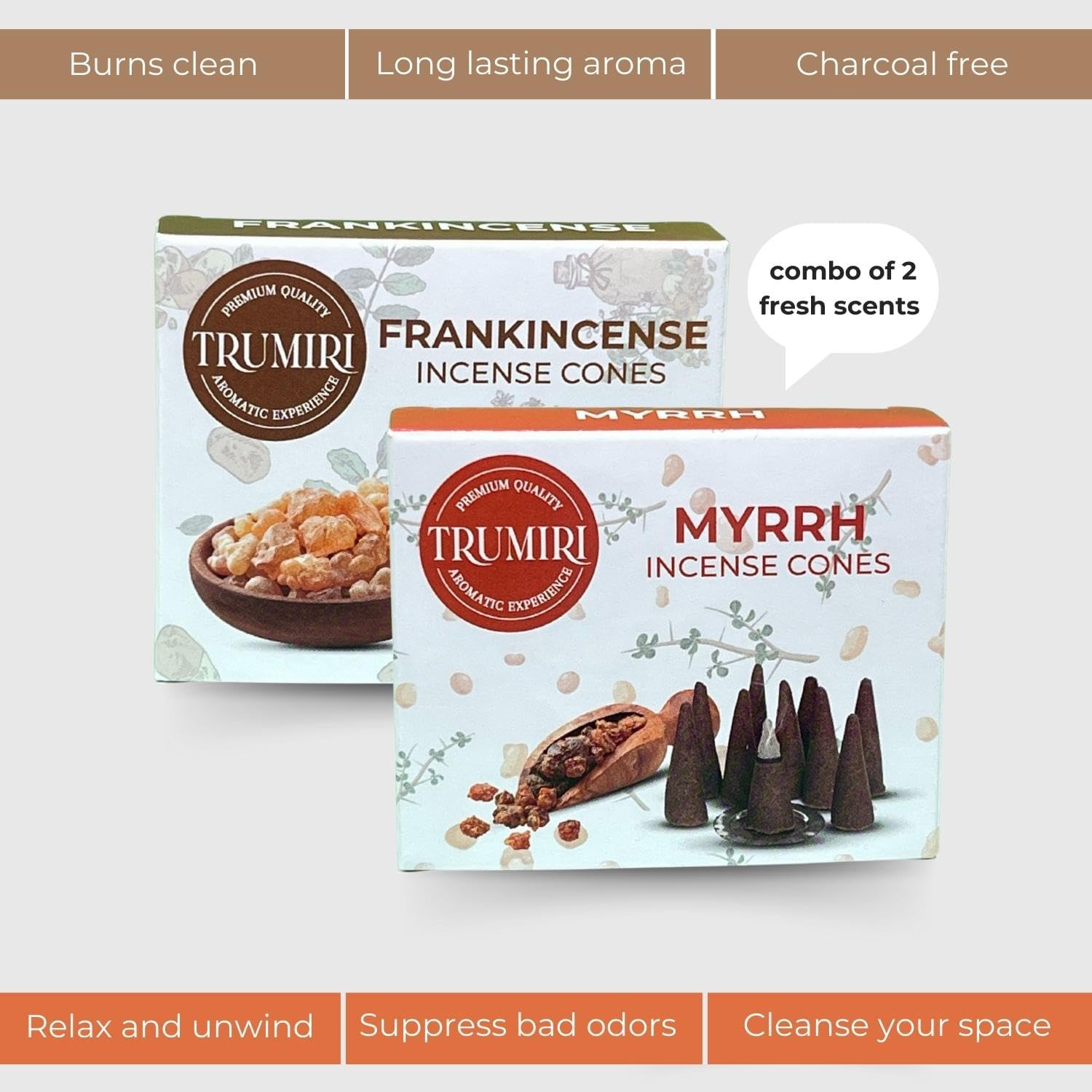 TRUMIRI Incense Cones - 20 Pack 10 Frankincense 10 Myrrh