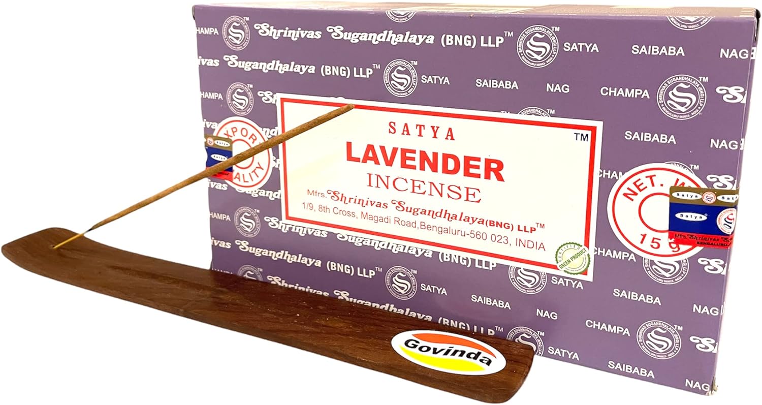 Govinda Incense Stick Holder Bundle with Satya Bangalore Lavender Incense Sticks - 12 Boxes