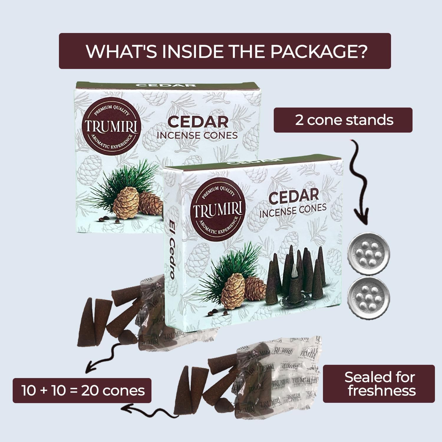 TRUMIRI Cedar Incense Cones - 20 Pack of 10 Dual Incense Cones