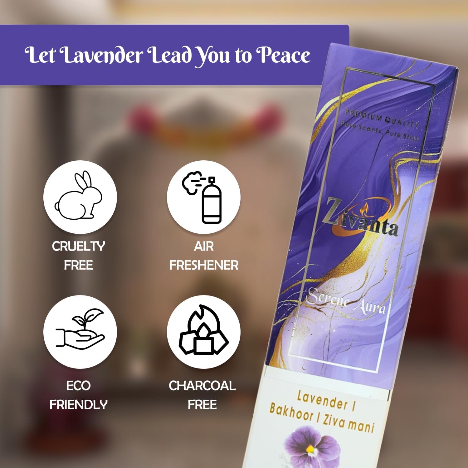 Serene Aura Incense Sticks with 3 Fragrances Lavender Bakhoor Zivamani 9 Inch Eco-Friendly Agarbatti