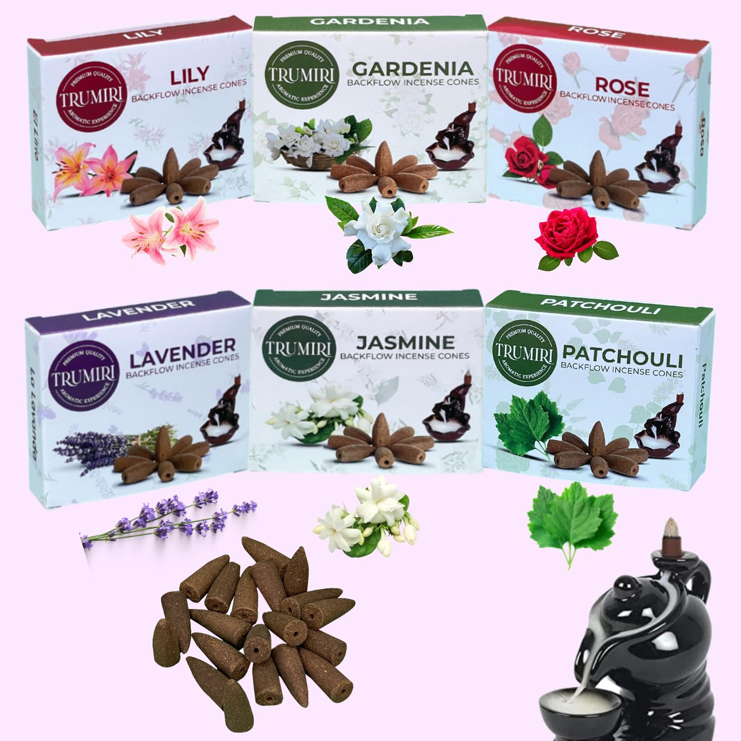 Trumiri Floral Backflow Incense Cones - 60 Large Variety Pack
