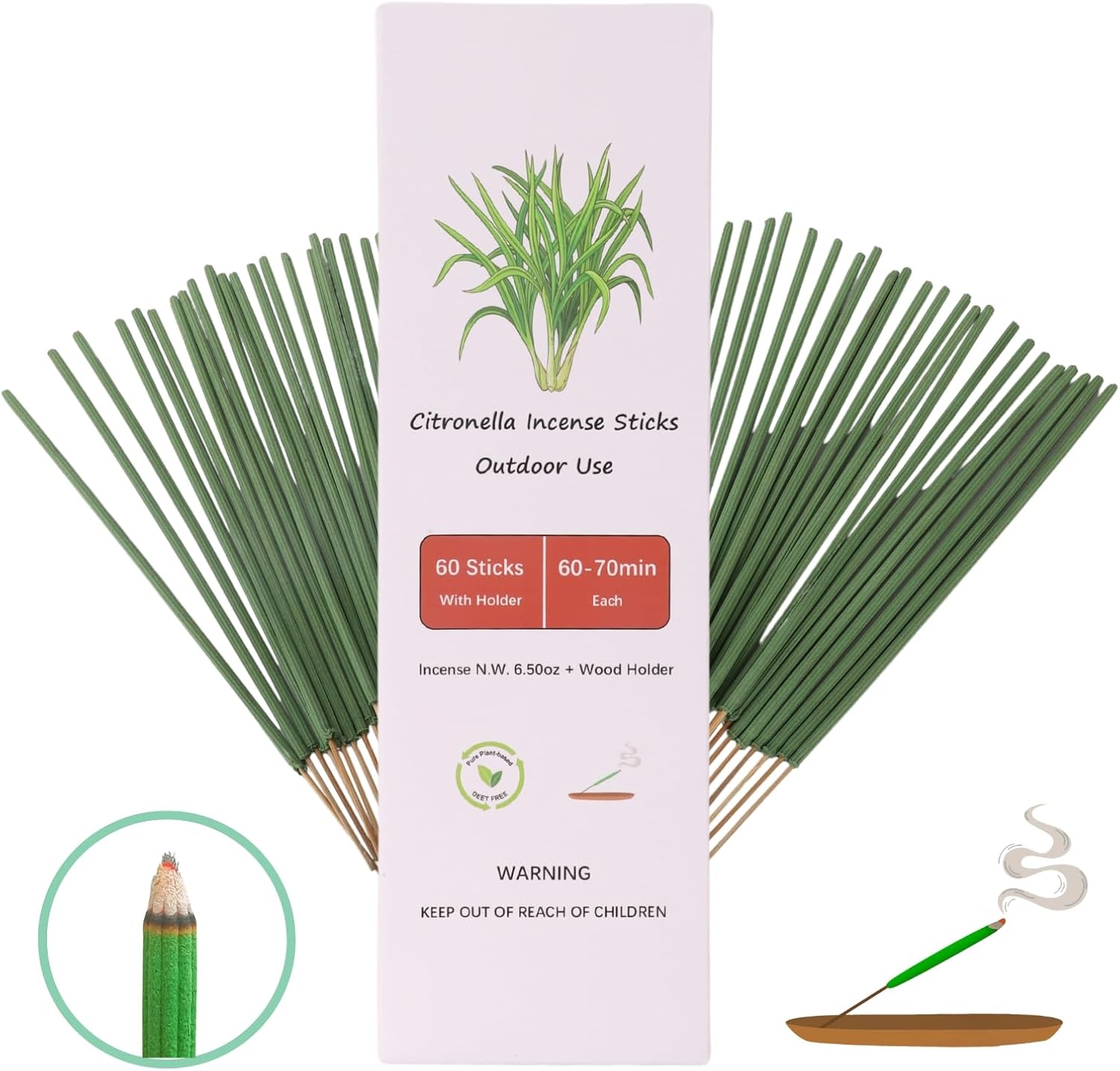 Genzers Outdoor Citronella Incense Sticks with Holder 60 Pcs