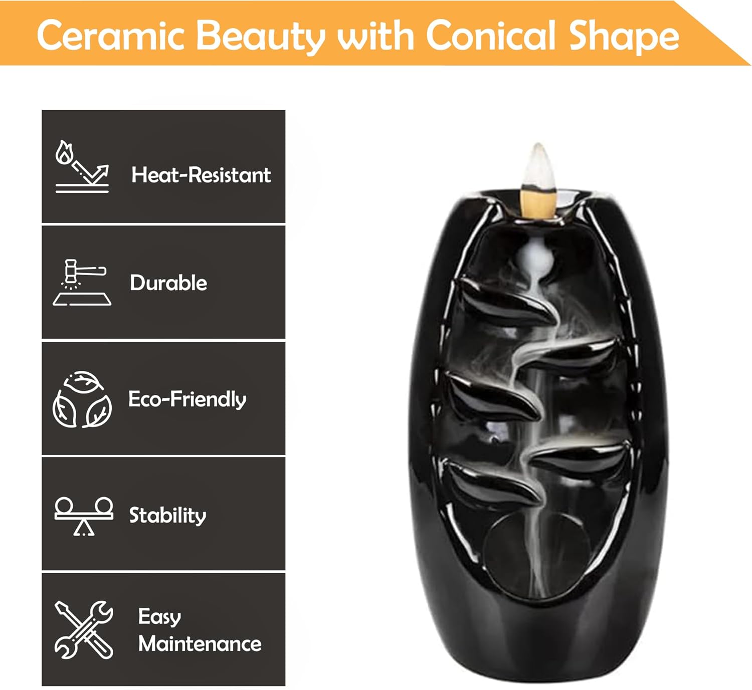 Ceramic Backflow Incense Holder with 120 Cones and 30 Sticks