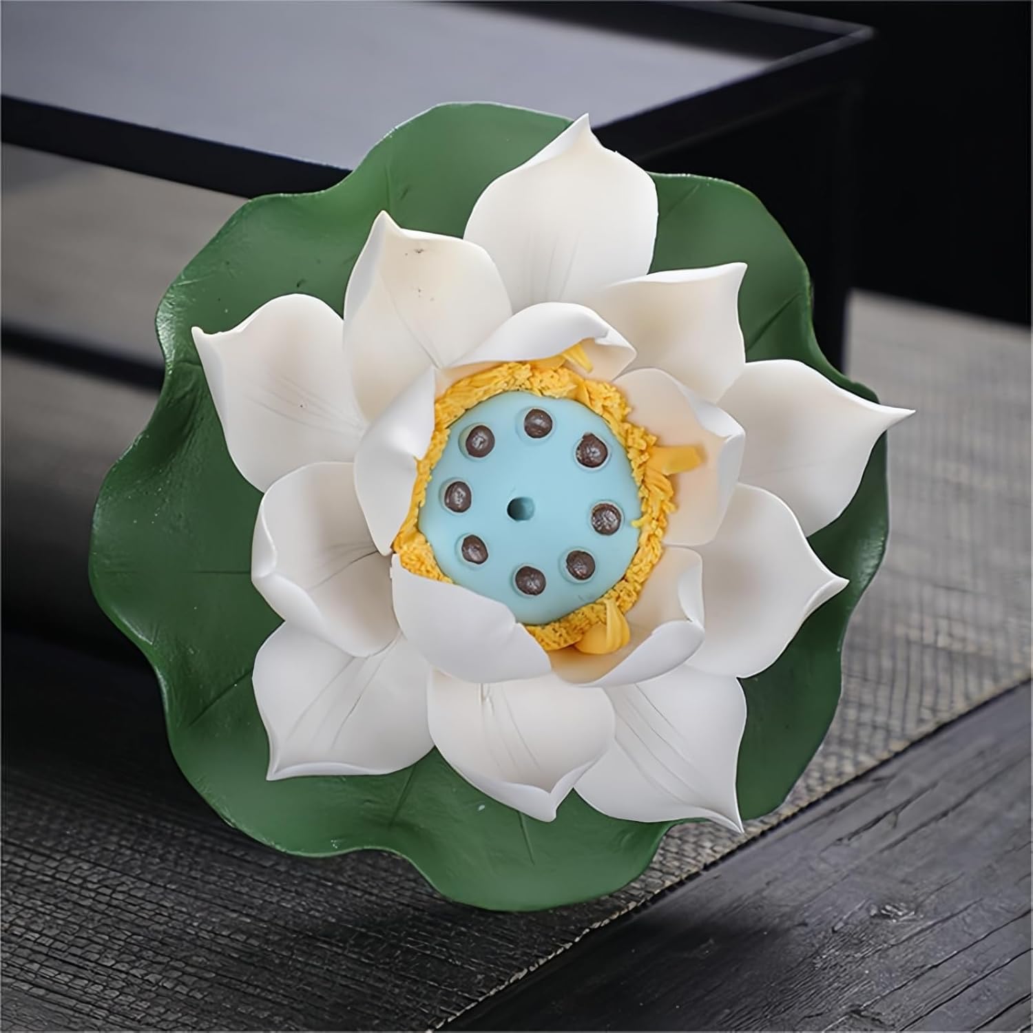 White Ceramic Lotus Incense Holder with Leaf Tray