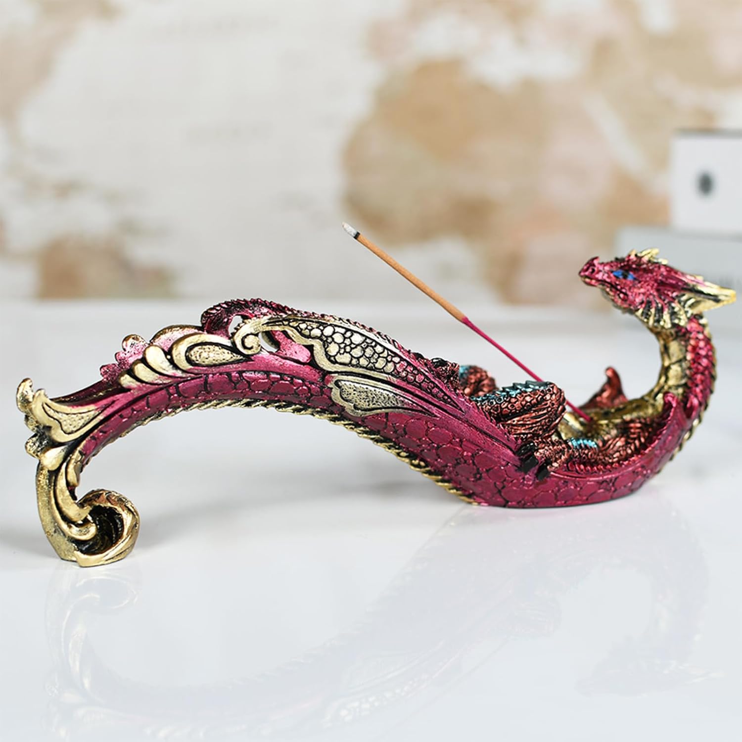 Smoking Dragon Incense Holder Statue Red Design Home Decor