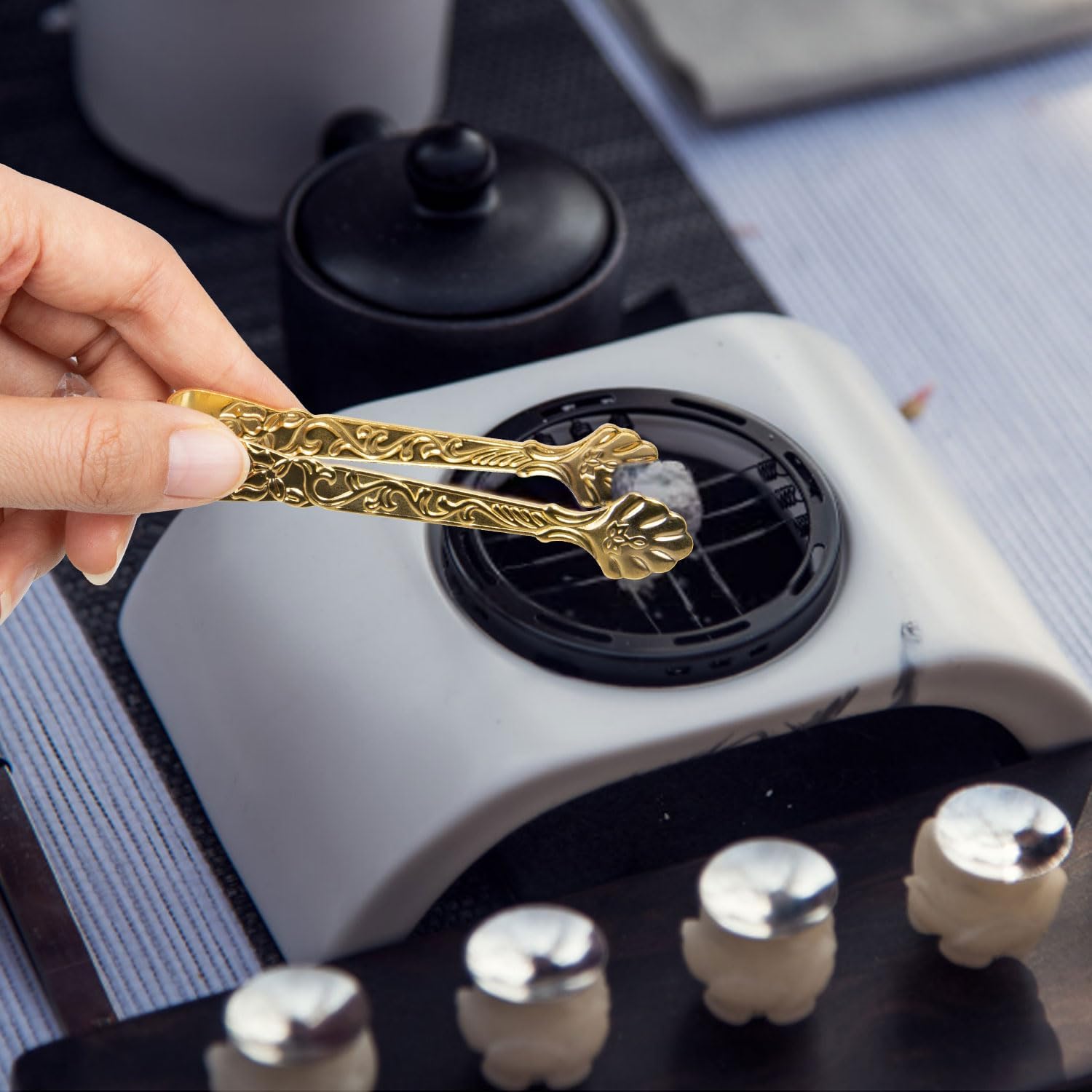 4 Pc Golden Incense Tongs with Floral Handle