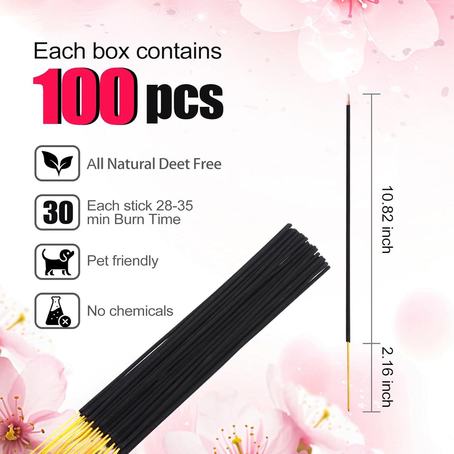 RELCHANE Sakura Incense Sticks 100pcs Natural Cherry Blossom Scent