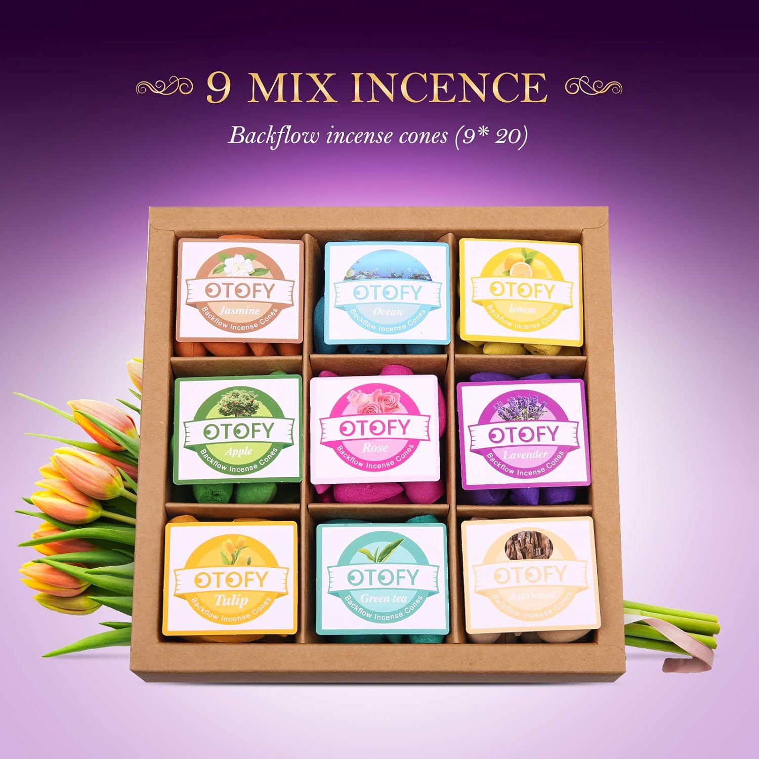 OTOFY Backflow Incense Cones 180 Pcs Natural Floral Waterfall Incense