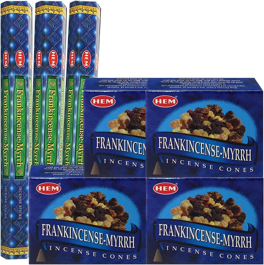 TRUMIRI Frankincense Myrrh Incense Sticks and Cone Holder Bundle