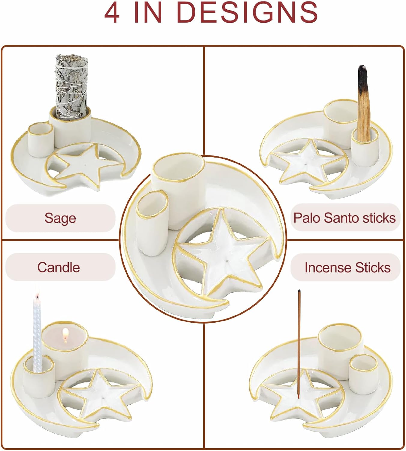4 in 1 Ceramic Incense Holder for Sage and Palo Santo