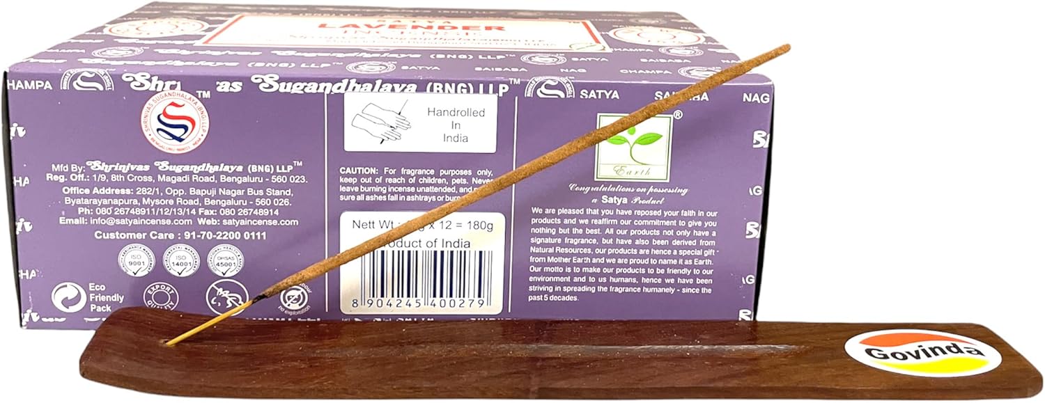 Govinda Incense Stick Holder Bundle with Satya Bangalore Lavender Incense Sticks - 12 Boxes