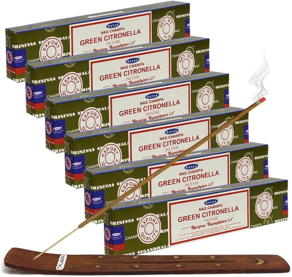 Trumiri Incense Stick Holder Bundle with Satya Nag Champa Green Citronella Incense Sticks - Pack of 6