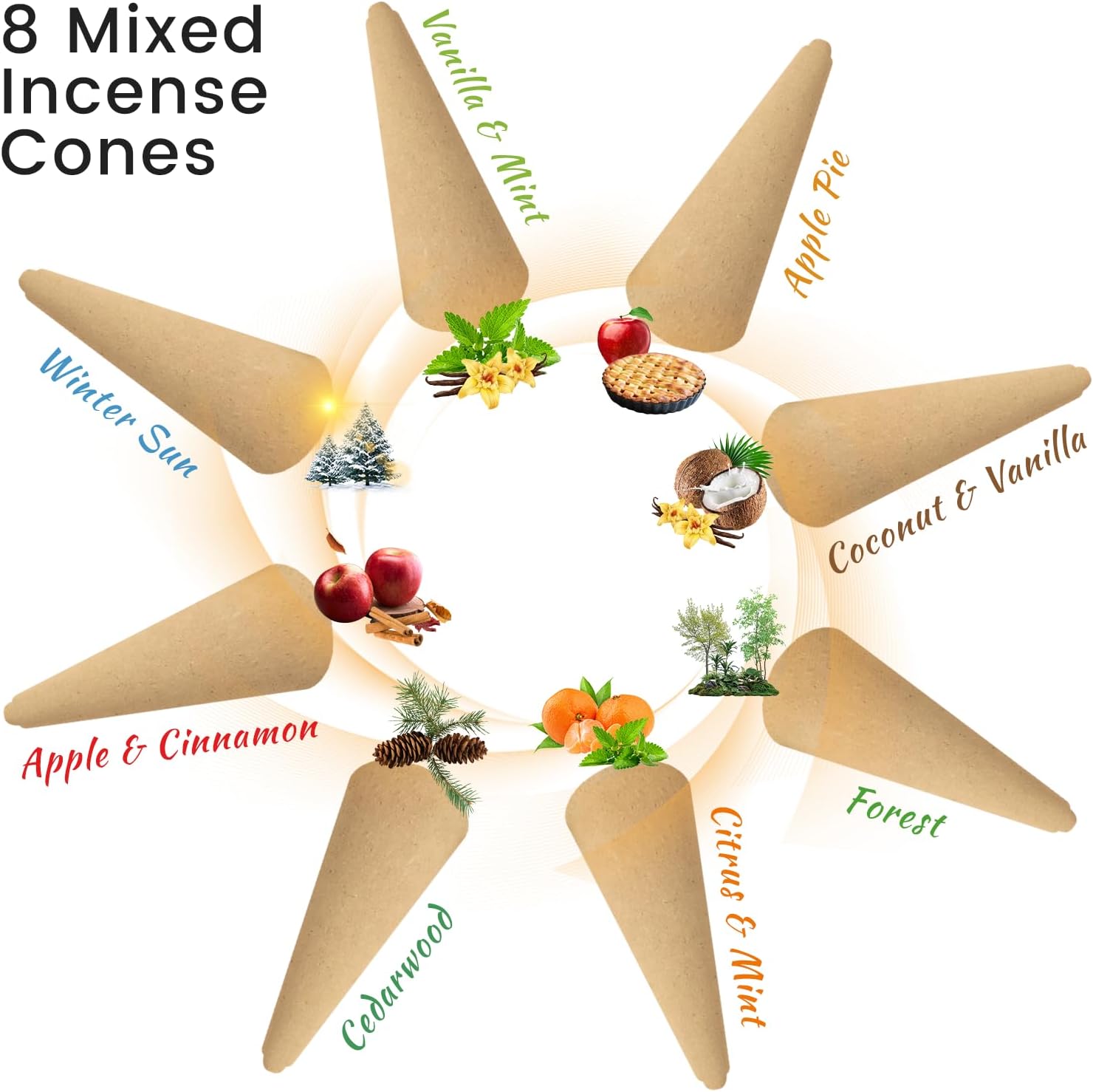 120 Pack Incense Cones with Holder 8 Scents Assorted