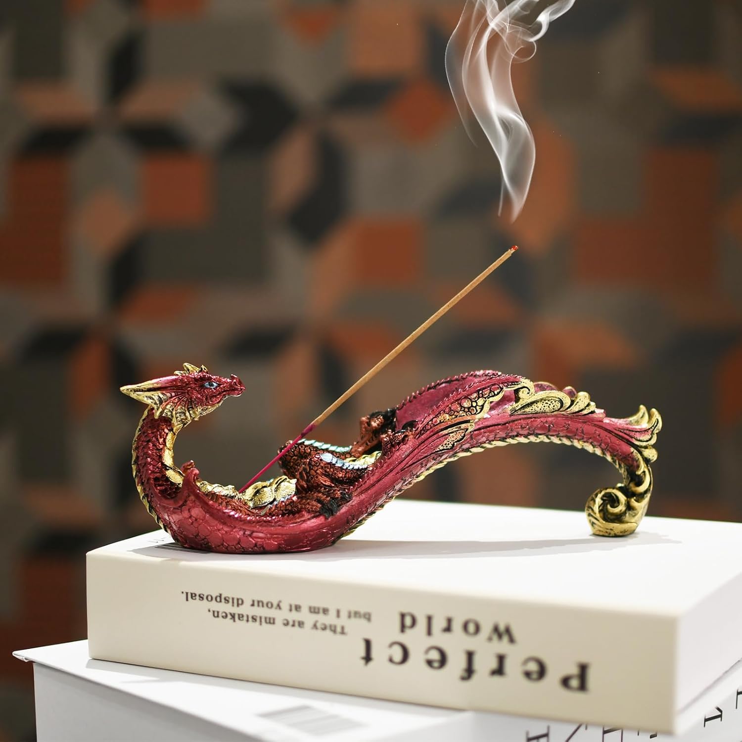Smoking Dragon Incense Holder Statue Red Design Home Decor